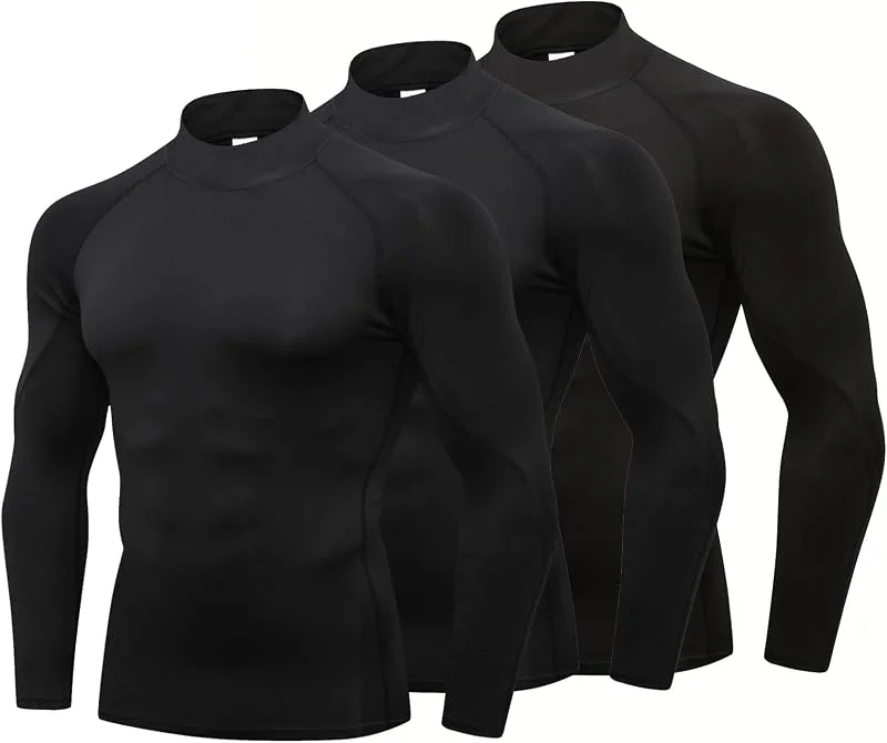YUSHOW Lot de 3 Tee Shirt Compression Homme Manche Longue Hauts à Col Roulé — Vetements ski