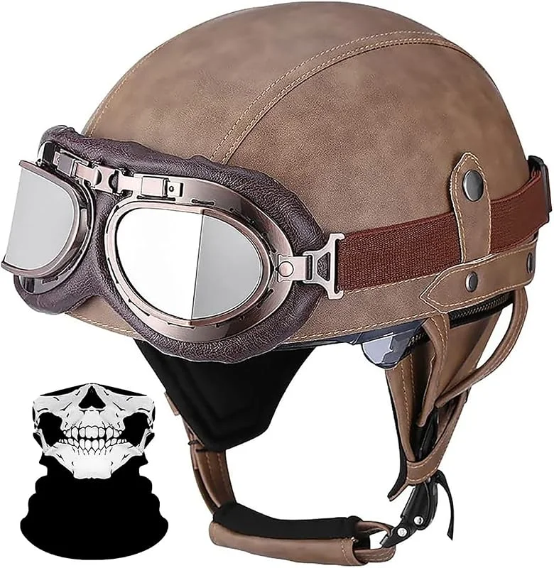 Rétro Casque Moto Jet Homologué ECE, Demi Ouvert en Cuir Vintage avec Lunettes et Masque Tête de Mort pour Scooter Cruiser Cafe Racer — Equipement ski