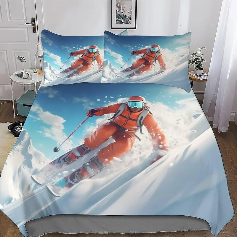 Ski Alpin Parure De Lit Housse De Couette Impressio 3D Microfibre Doux avec Taie d'oreiller 3 Pièces Garçons Filles Enfants Double (200x200cm) — Equipement ski