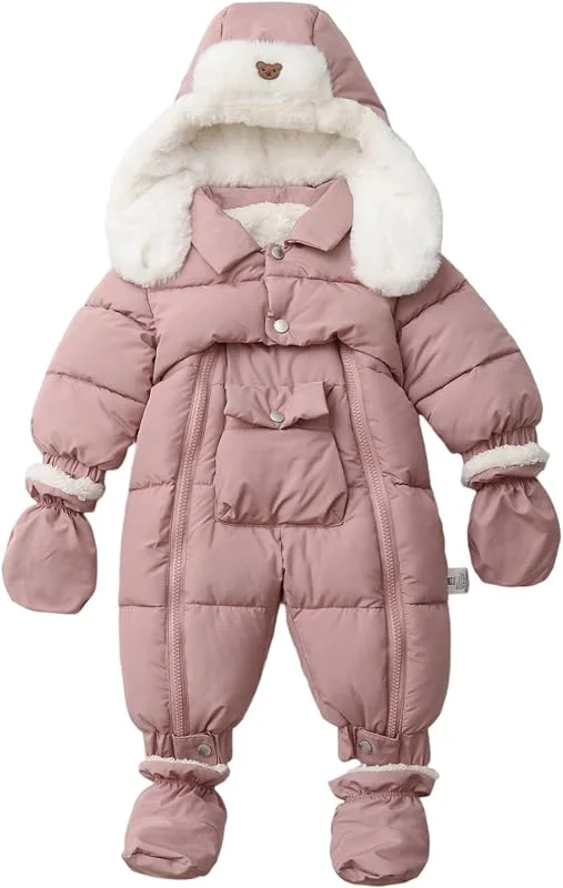 Combinaison De Ski Bébé 0-24 Mois Manches Longues Chaud Fermeture Habit De Neige Jumpsuit Couleur Unie Encapuchonné avec Gants Nouveau-Né 0-12 Mois Outwear Playsuit — Vetements ski