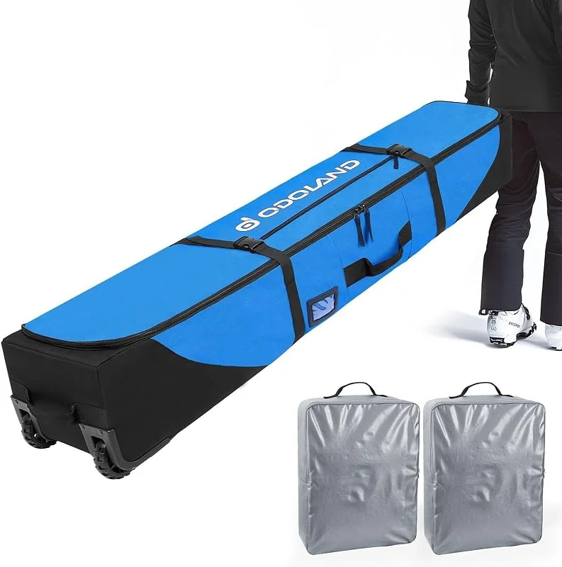 Odoland Housse à Skis Roulant pour 1-2 Paires de Skis de 170, 190 cm, Sac à roulettes pour Snowborads avec 2 Sacs de Rangements Étanches, Tissu Oxford 900D Imperméables pour Homme Femme — Equipement ski