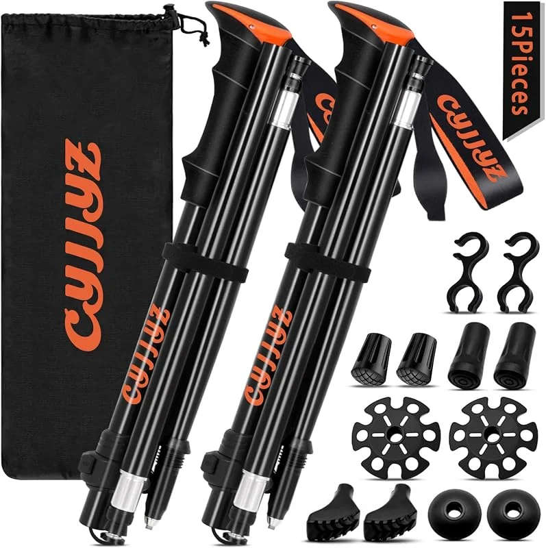 2Pcs Baton de Marche Pliable, Bâtons de Randonnée, Réglables 108-135cm, Batons de Marche Nordique, Baton de Randonnée en Aluminium, avec 5 Paires de Tampons en Caoutchouc, pour Trekking — Equipement ski
