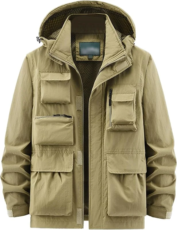 ZDJSWJ Hommes hiver travail imperméable veste léger cargo Multi-poches veste softshell capuche extérieur coupe-vent — Vetements ski