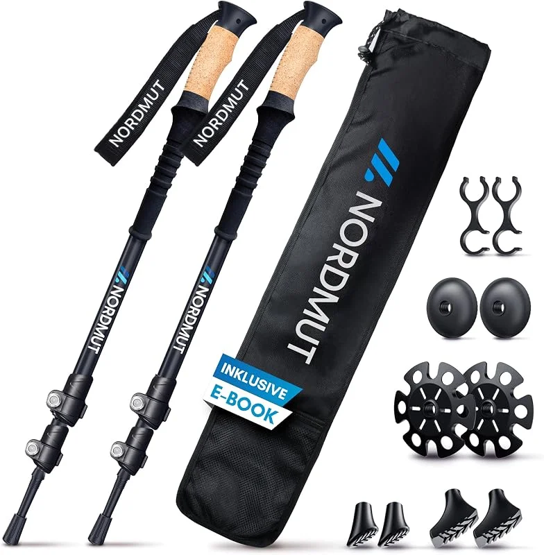 NORDMUT® Bâtons de randonnée télescopiques de qualité supérieure [aluminium et carbone] Bâtons de marche nordique réglables pour homme et femme, Bâtons de trekking ultra légers [avec jeu de tampons en caoutchouc] extensibles avec poignée en liège véritable — Equipement ski