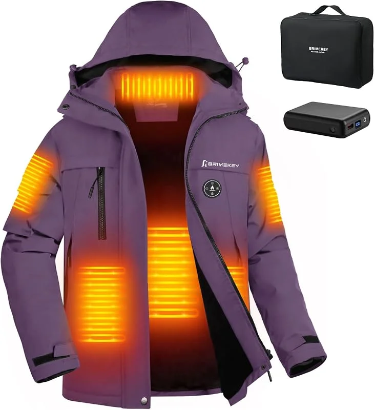 Veste Chauffante Femme avec Batterie 12000mAh, Électrique Vestes de Ski en Polaire Imperméable & Coupe-vent avec 6 Zones de Chaleur, Manteau Chauffant Capuche pour Extérieur Hiver — Vetements ski