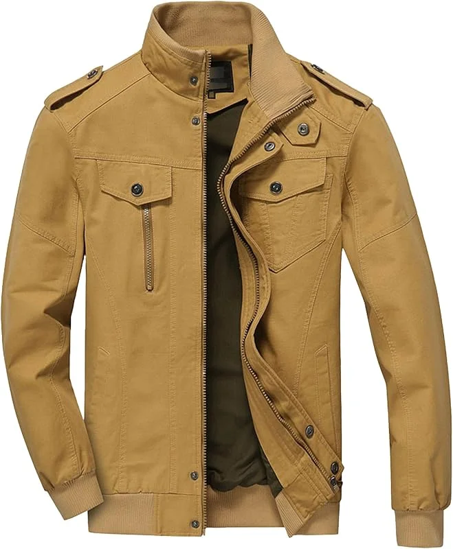 ZDJSWJ Veste militaire en coton lavé pour homme Veste Multi-poches à col montant Léger softshell full zip workwear — Vetements ski