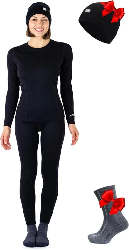 Merino.Tech 100% Ensemble Femme Merinos - Haut et Bas + Bonnet, Chaussettes — Vetements ski