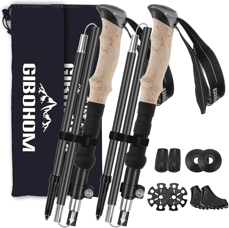 GIBOHOM Bâtons de Randonnée en Aluminium 2 PCS, Baton de Marche Nordique Pliable Télescopique Antichoc Antidérapant 105-125 CM, Baton de Randonnée avec 4 Paires de Tampons Caoutchouc pour Trekking — Equipement ski