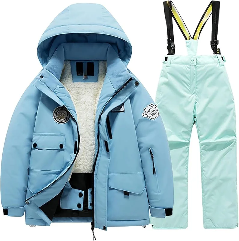 Generisch Combinaison de ski en polaire avec poche veste pantalon d'hiver coupe-vent snowboard unisexe combinaison de neige chaude avec déperlant respirant élastique pour activités de plein air — Vetements ski