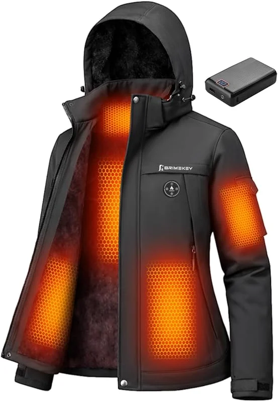 Veste Chauffante Graphène Femme avec Capuche, Polaire Veste de Ski Imperméable et Coupe-vent avec Batterie 20000mAh, 6 Zones Chauffantes, 3 Niveaux de Température Pour Ski, Randonnée, Camping — Vetements ski