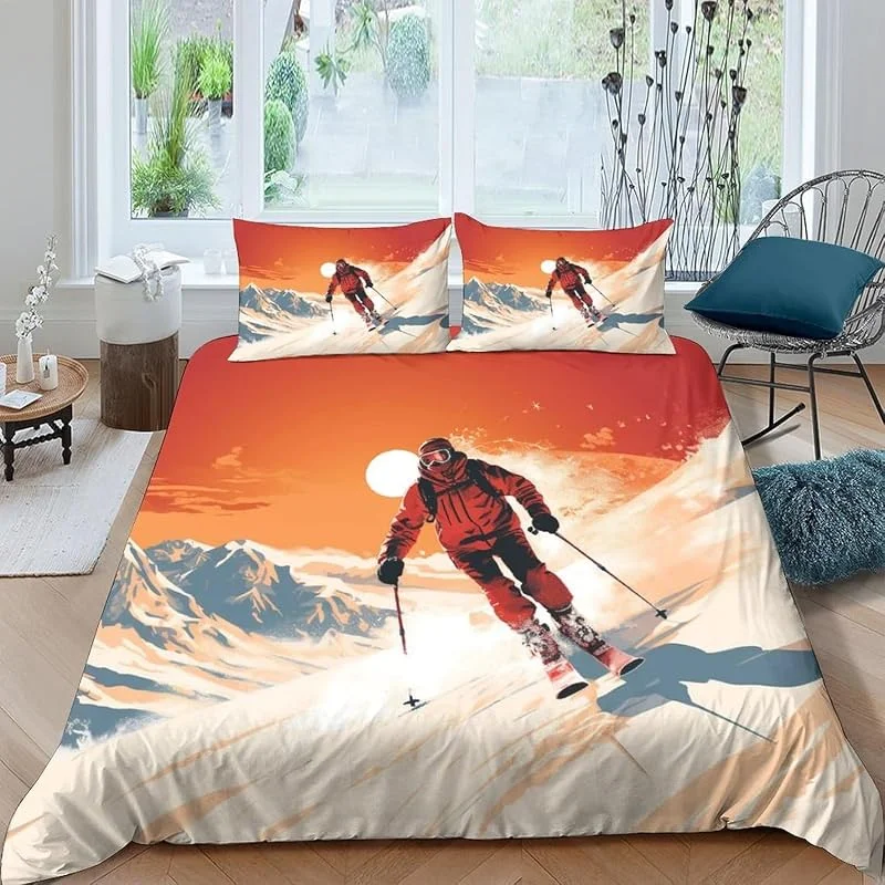 Housse De Couette 150X200 Cm Ski Sports Extrêmes Imprimée 3D, Parure De Lit 1, 2 Personnes en Microfibre avec 2 Taies d'oreiller (avec Fermeture Éclair) - Anti-Allergie, Entretien Facil -192K942P390 — Equipement ski