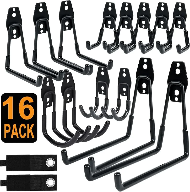 16 packs d'organisateurs de crochets muraux pour garage pour cordes haute performance pour garage, porte-tubes et organisation - design durable et peu encombrant pour usage domestique, garage et — Equipement ski