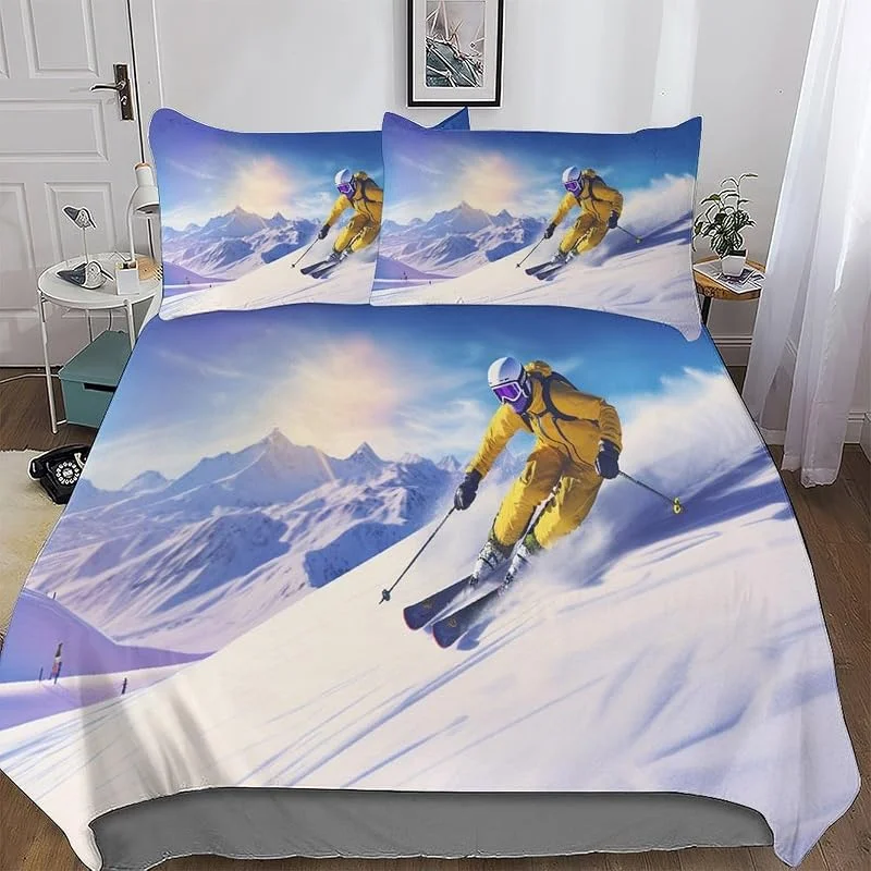 Ski de Montagne sur Neige 3 Pièces Housse De Couette Doux Microfibre Coton Parure De Lit Enfants Adulte avec Fermeture Éclair avec Taie d'oreiller Ensembles Housse Couette Double (200x200cm) — Equipement ski