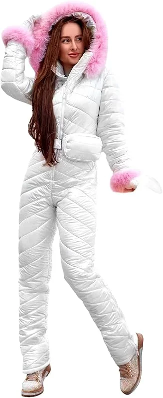 Combinaison de ski une pièce pour femme - Combinaison de ski - Combinaison d'hiver chaude - Coupe-vent - Avec ceinture, gants de ski - Sac banane - Combinaison de ski - Combinaison de ski — Vetements ski