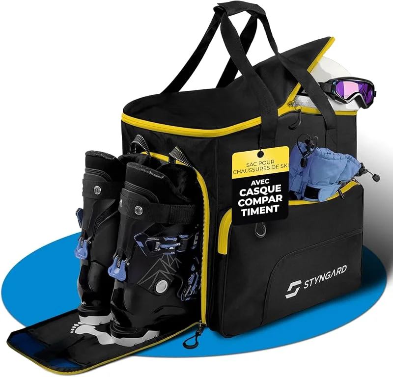 STYNGARD Housse Chaussures de Ski avec Compartiment pour Casque et pour Bottes [54 L] - Sac à Chaussures de Ski avec Fonction avec Fonction Sac à Dos modèle Sölden (Noir-Rose) — Equipement ski