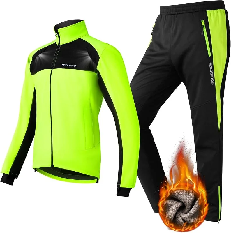 ROCKBROS Ensemble Veste+Pantalon de Vélo Thermique Hiver Vêtements de Vélo Molleton Polaire Coupe-Vent Respirant Réglable Activité Plein Air Cyclisme Escalade Randonnée Camping Course Vert Fluo M-4XL — Vetements ski