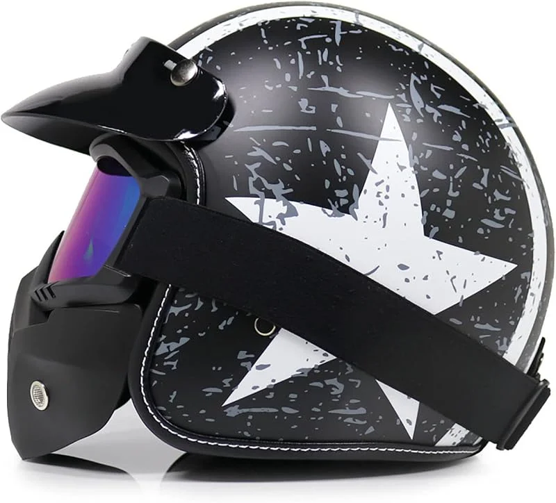 EBAYIN Casque Bol Casque Jet Vintage Harley Casque Moto Demi-Casque 3, 4 Casque Dot ECE Approuvé pour Adulte Cruiser Chopper Scooter Pilote Crash Casque avec éCran Facial, N-S=(55~56cm) — Equipement ski