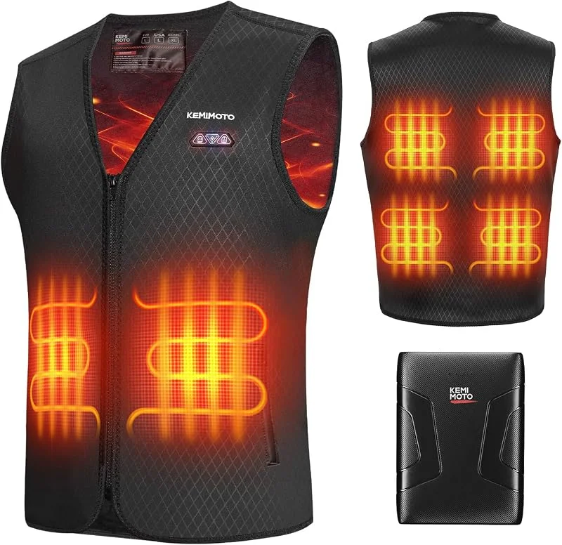 KEMIMOTO Gilet Chauffant Homme, Batterie 10000 mAh, Veste Chauffante Hommes Gilet Électrique, 6 Zones de Chauffage et 3 Réglages de Chaleur, Tissu de Plongée pour Ski Pêche Moto et Camping — Vetements ski