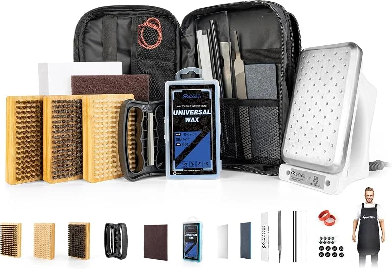 OutdoorMaster Kit de réglage et d'épilation à la cire pour ski et snowboard avec fer à cirer, cire universelle, accordeur de bord, brosse, grattoir de cire, Ptex, vis de fixation, bande en caoutchouc — Equipement ski