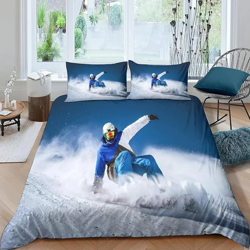 Ski Sports Extrêmes Housse De Couette 150X200 Cm Enfant Ado Fille 3D Parure De Lit 1, 2 Personne Microfibre 3 Pièces Housse De Couette avec Fermeture Éclair+2 Taies d'oreiller - Doux Et L -692I262P169 — Equipement ski