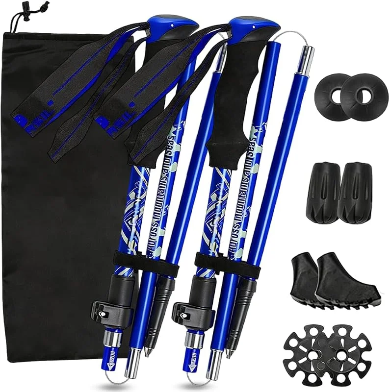 Lot de 2 bâtons de marche pliables, légers, 110 à 125 cm, bâtons de randonnée réglables pour homme et femme - Bleu — Equipement ski