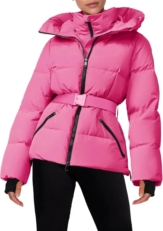 Fisoew Veste de ski chaude à capuche imperméable matelassée pour femme avec ceinture — Vetements ski
