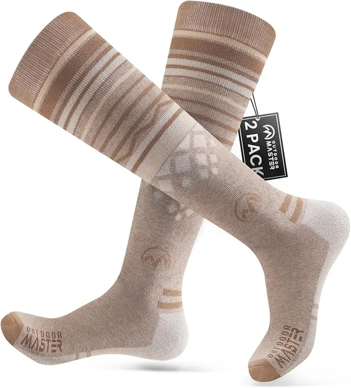 OutdoorMaster Lot de 2 paires de chaussettes de ski en laine mérinos, manchette antidérapante sur le mollet (OTC) pour homme et femme — Vetements ski