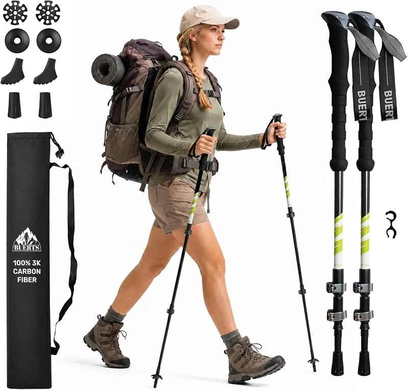 Bâtons de randonnée en Fibre de Carbone, Lot de 2, bâtons de Marche légers, réglables 64-135 cm, Pliables, bâtons de Nordic Walking pour Hommes et Femmes, adaptés au Camping et à la randonnée — Equipement ski