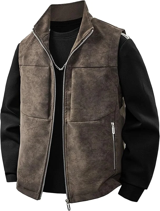 DGKaxiyaHM Gilet vintage en daim pour homme avec fermeture éclair intégrale et col montant - Pour l'automne et l'hiver - Veste sans manches en polyuréthane — Vetements ski