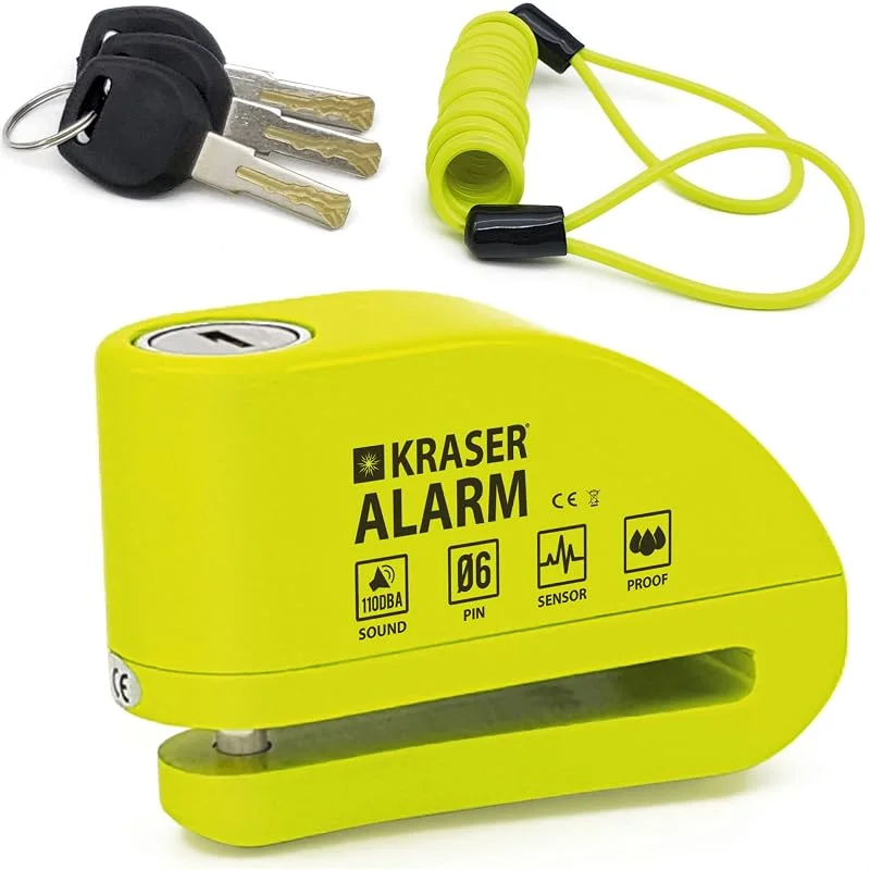 KRASER KR6Y Antivol Moto, Bloque Disque Alarme 110db, Renforcé, 3 clés (2 autres) Serrure Haute Sécurité, Étanche, Câble Rappel 1.5m, Sac, Piles Rechange, Bloc Frein 6mm Universel Moto Scooter Vélo — Vetements ski