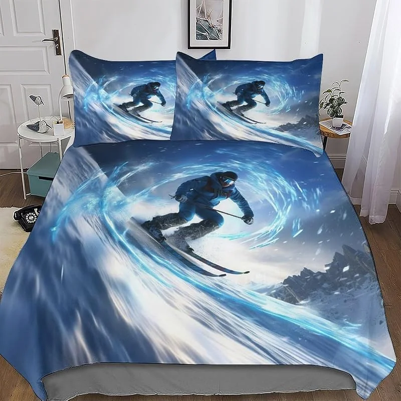 Ski Parure De Lit Ensemble De Housse De Couette Fixé À 3 Pièces Housse Couette Microfibre avec Taie d'oreiller pour Enfants Double (200x200cm) — Equipement ski