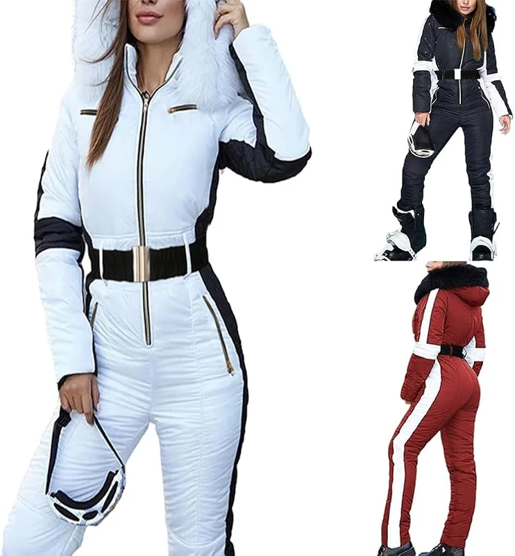 Combinaison de ski femme imperméable chaude capuche fourrure zippée — Vetements ski