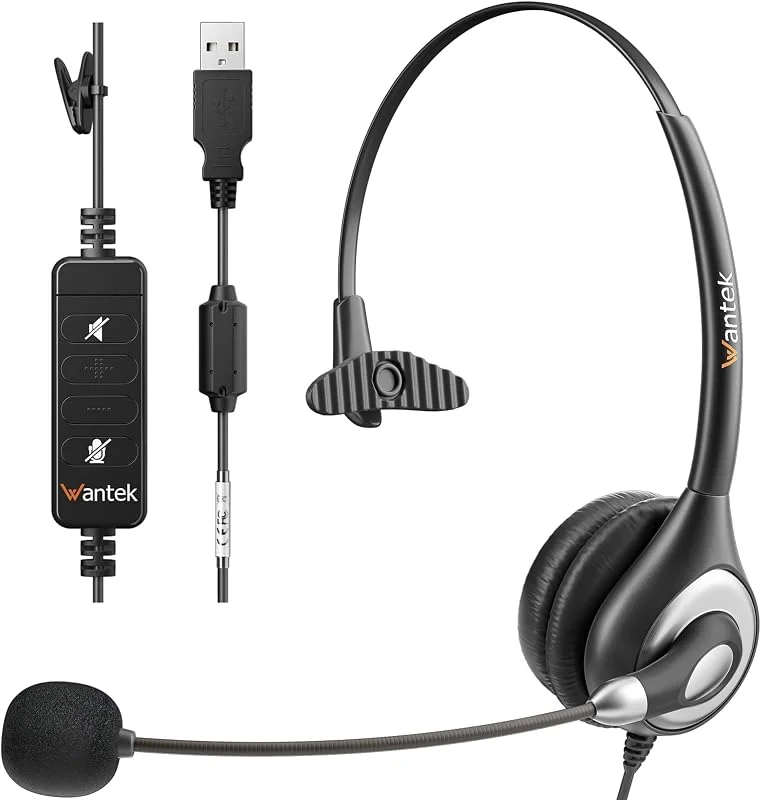 Wantek Casque USB avec Micro antibruit et Commandes Audio, Casque Professionnel pour Ordinateur Portable, Casque USB pour Maison, Bureau, Centre d'appel, Skype, Zoom Webinar, Chat Clair, Super léger — Equipement ski