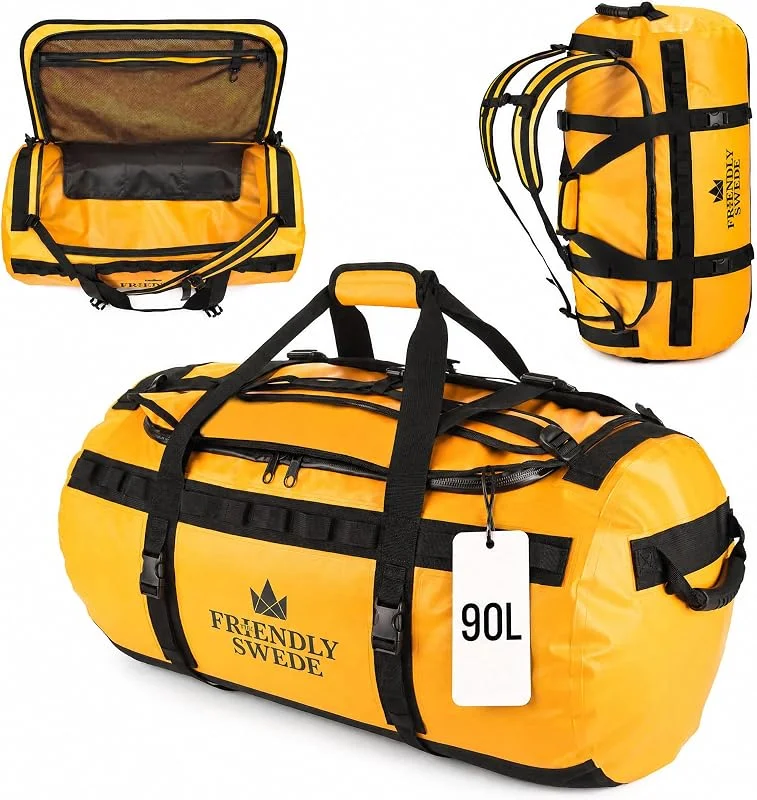 The Friendly Swede Sac de Sport Sac à Dos Imperméable, PVC 500D, 90L Jaune — Equipement ski