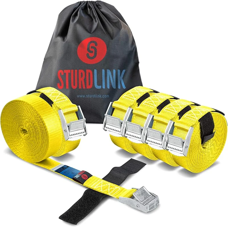 Sangles d'Arrimage à Griffe 25mm 2m 250kg x6 + Scratch + Sac Transport. Sangle Arrimage avec Boucle à Came de Serrage. Fixation sur Barre de Toit Auto, Galerie de Voiture, Vélos, EN 12195-2 Sturdlink — Equipement ski