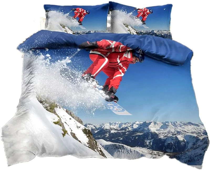 3D Style de Sport Parure de lit Cool Ski Le Surf Housse de Couette et Taie d'oreiller Microfibre Enfants Garçons Filles Adolescents (200x200 cm, Couleur 1) — Equipement ski
