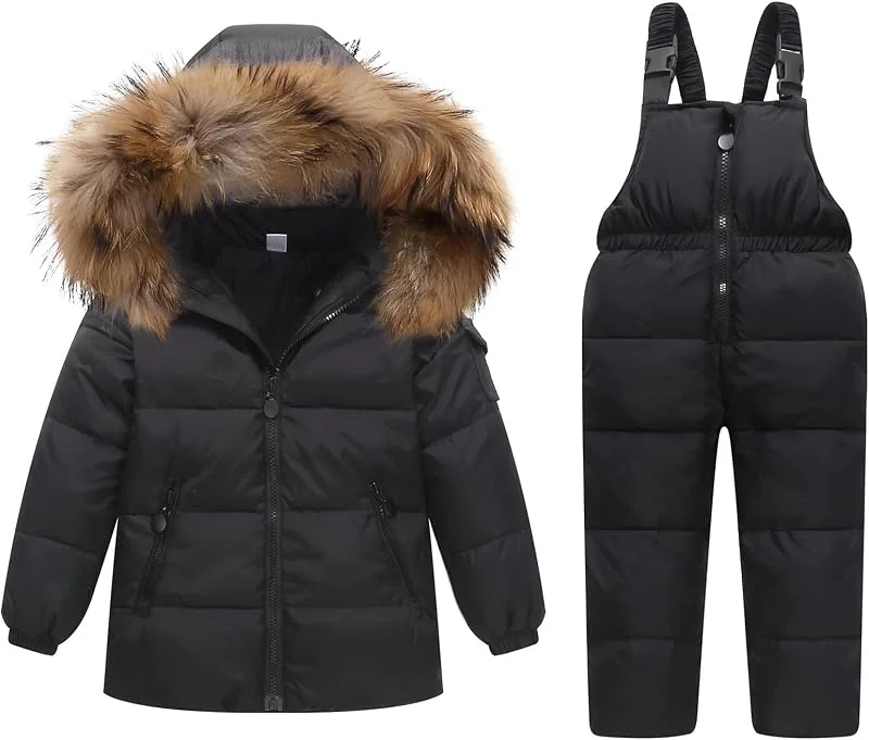 Combinaison de Neige Fille Garçon Doudoune à Capuche + Pantalons de Ski Enfant 2PCS Ensemble de Ski Bébé Manteau de Duvet Salopettes de Ski Hiver Veste Snowsuit, Noir 3-4 Ans — Vetements ski