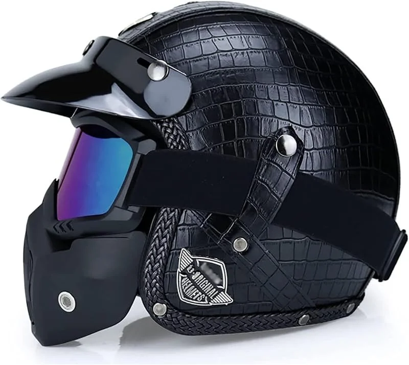 Casque De Moto Ouvert, Hommes Femmes 3, 4 Rétro Demi-Casque avec Lunettes Dot ECE Approuvé Cyclomoteur Vintage Scooter Cruiser Chopper Pilote — Equipement ski