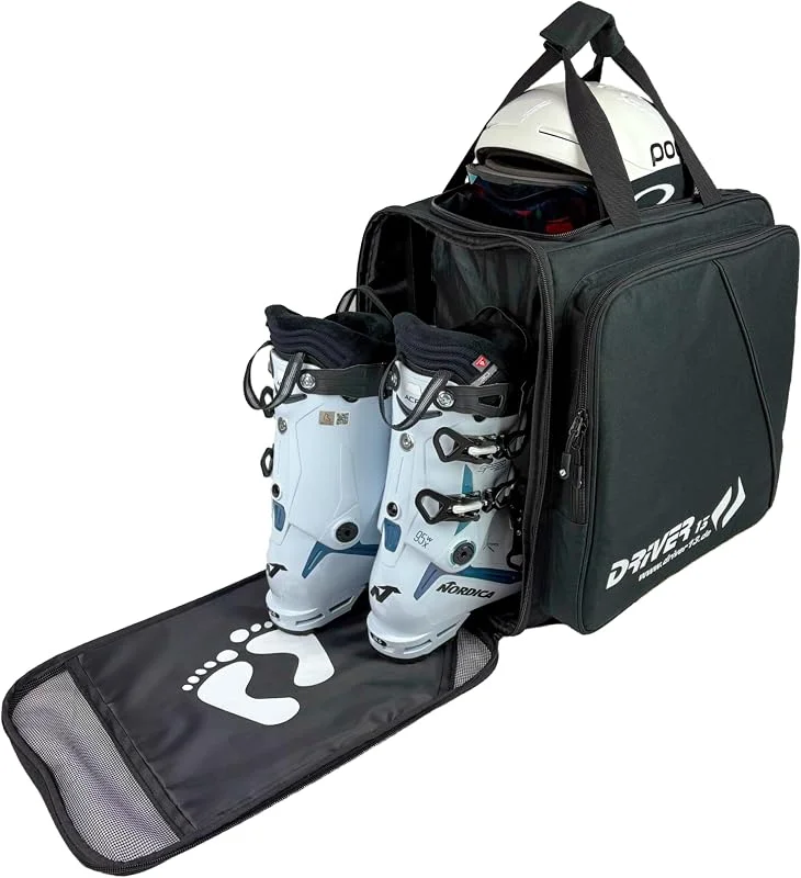 Driver13 Sac à Dos pour Chaussures de Ski avec Compartiment Casque, bootbag Sac à Dos pour Chaussures de Ski, Boots de Snowboard et Rollers, Dimensions 40 x 28 x 44 cm, Noir — Equipement ski