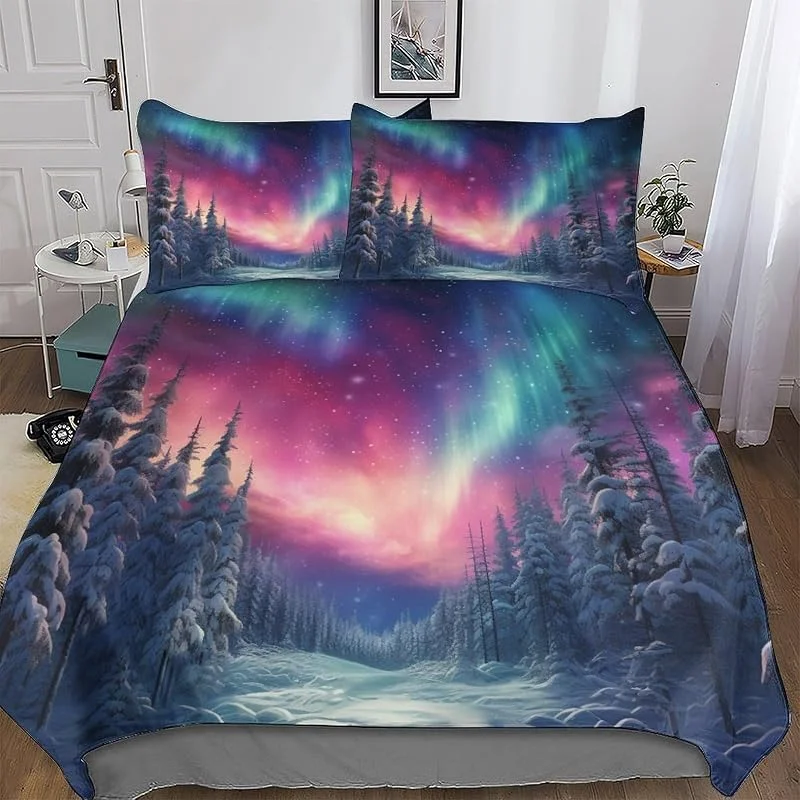 Aurore boréale Parure De Lit 3 Pièces Housse De Couette avec Taie d'oreiller Microfibre Douce pour Enfants Adultes Double (200x200cm) — Equipement ski