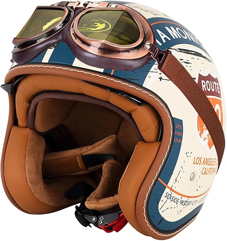 EBAYIN Retro Casque Demi Jet, Casque Jet Vintage, Casque Moto Scooter, Casque Bol Homologué ECE Casque De Protection for Hommes Et Femmes, Casque De Cyclomoteur avec Lunettes(C, L=(59~60cm)) — Equipement ski