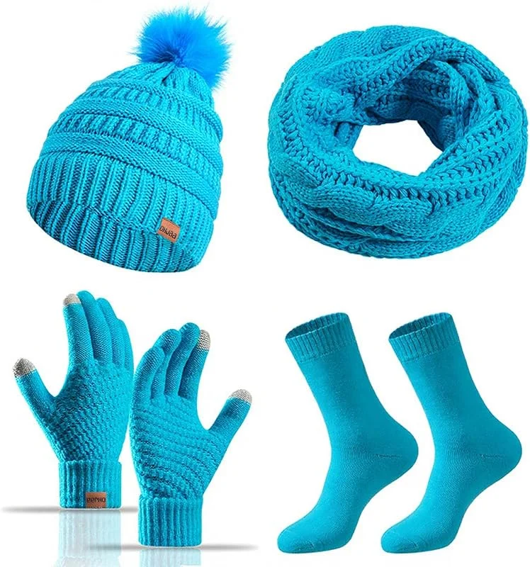 4 Pièces Ensemble Bonnet Écharpe Gants en Tricot Chaussettes pour Femmes, Gants à écran Tactile Tricotés Écharpe Chapeau Bonnet-Chaussettes de Ski — Vetements ski