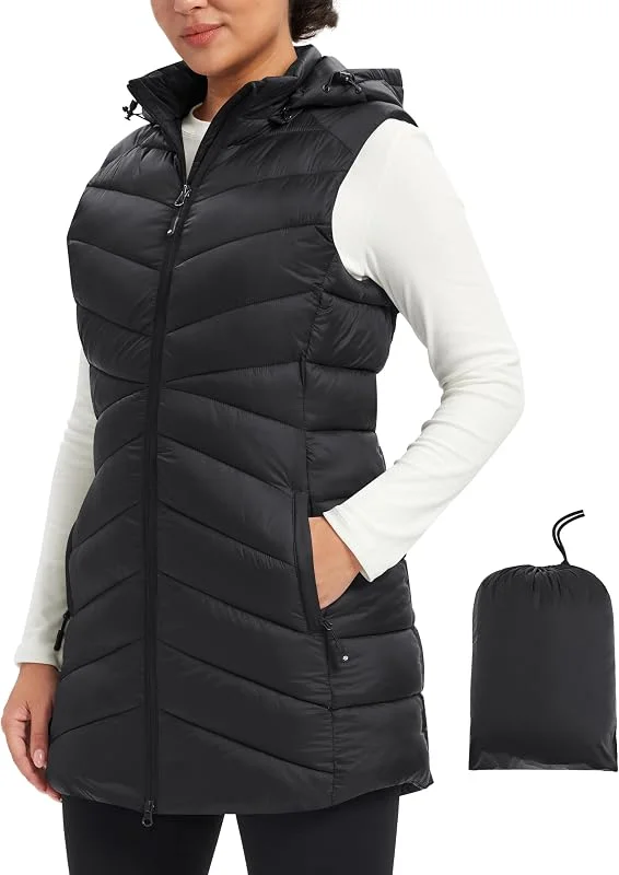 MoFzi Gilet pour Femme Léger Imperméable Coupe-vent Gilet en duvet à capuche amovible avec sac de rangement — Vetements ski