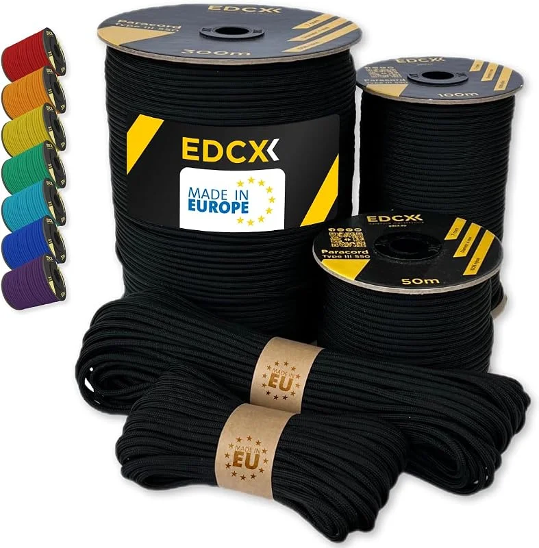 Paracord 4 mm, 35+ Couleurs Unies (10 m, 15 m, 30 m, 50 m, 100 m, 300 m), Idéal pour l'artisanat, Le Camping, la Survie, Corde 100% Nylon 4 mm, Cordon Tactique 550 Type III (Black, 10 m) — Vetements ski