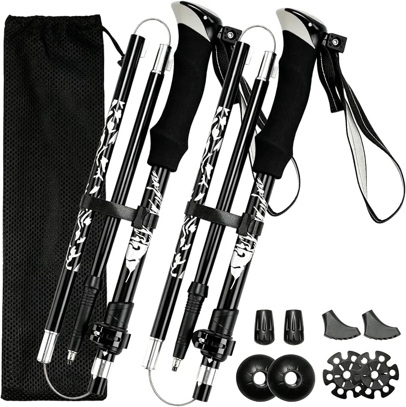 VINATO Bâtons de Randonnée Télescopiques, 2 Paire, Bâtons de Marche Nordic Léger en Alliage, avec Sac de Transport & Accessoires, pour Trekking, Randonnée, Noir — Equipement ski