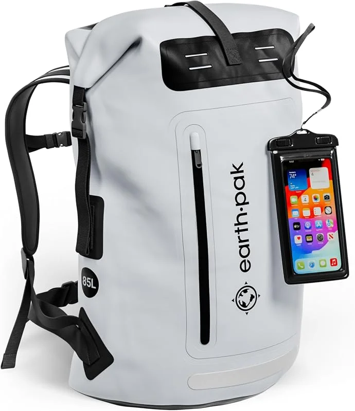 Earth Pak Sac à dos imperméable – Fermeture robuste enroulable avec poche avant zippée facile d'accès et panneau arrière rembourré pour plus de confort avec étui étanche IPX8 — Equipement ski