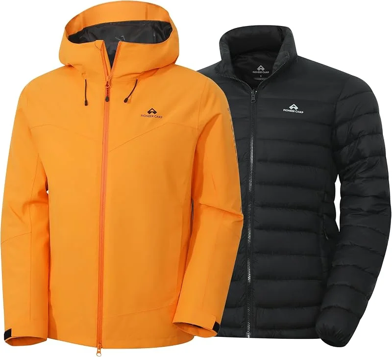Pioneer Camp Veste de pluie 3 en 1 pour homme avec doublure en duvet, bonnet, ourlet et poignets réglables, convient pour les activités de plein air — Vetements ski