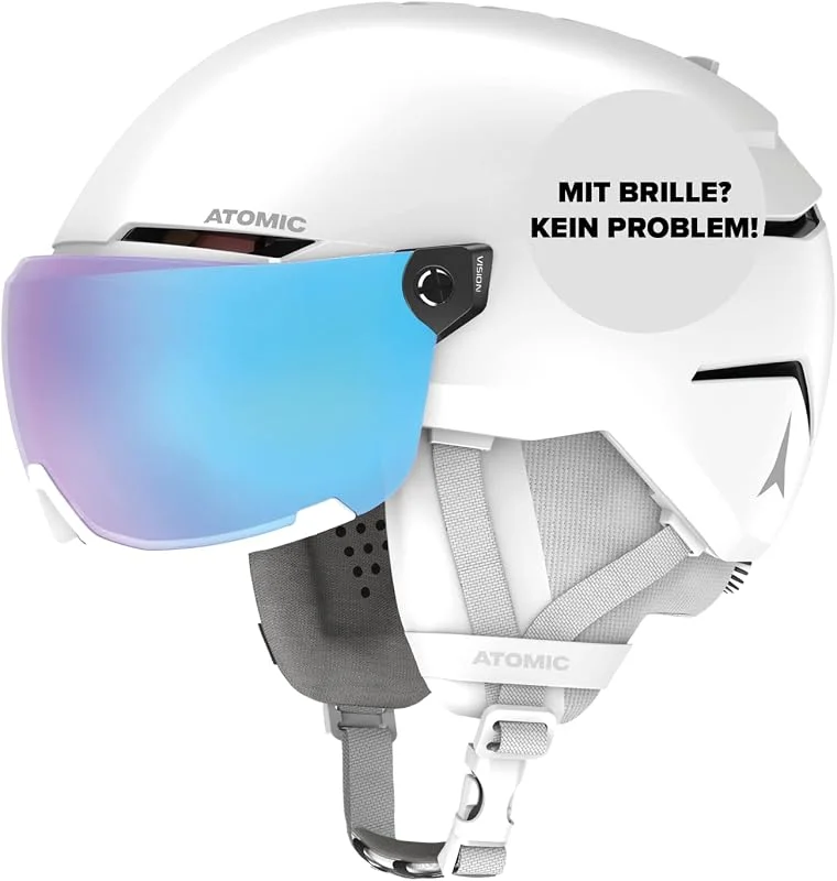 ATOMIC Casque de Ski avec visière Savor Visor Stereo, Blanc (White Heather), Taille S (51 à 55 cm), Absorption maximale des Chocs, Ventilation Active Aircon, Traitement Miroir pour Une Vision Claire — Equipement ski