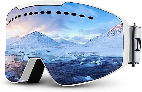 JULI Lunettes de ski, planche à neige pour hommes, femmes et jeunes – Protection 100 % UV et anti-buée, double lentille (monture blanche, 13 % VLT lentille argentée) — Equipement ski