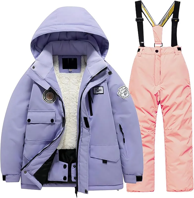Combinaison de ski avec poche en polaire - Veste - Pantalon d'hiver - Pantalon coupe-vent - Snowboard - Unisexe - Pour l'hiver - Chaud - Pour les activités dans la neige, Rose, 4-6 ans — Vetements ski